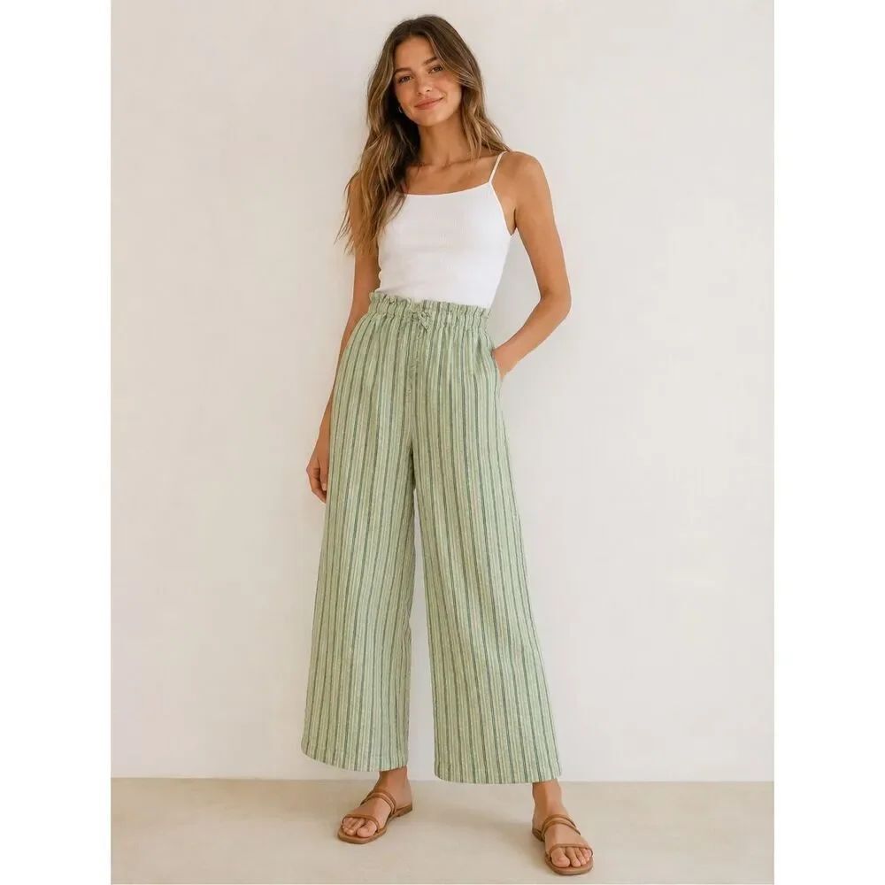 Zara Girls Green Striped Seersucker Wide Leg Pants 13-14Y